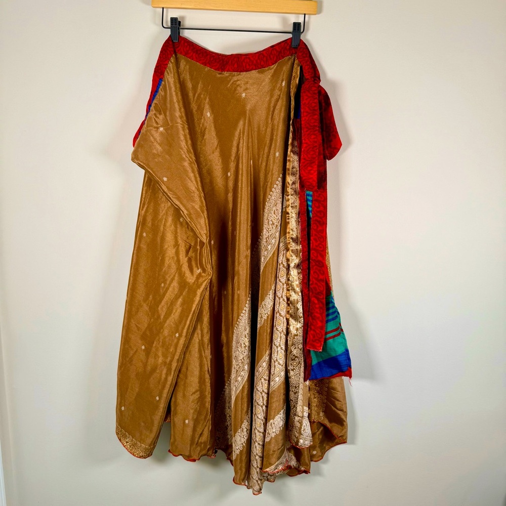 Evez Colorful Silk Blend Indian Reversible Flowy True Wrap Maxi Skirt Size Large